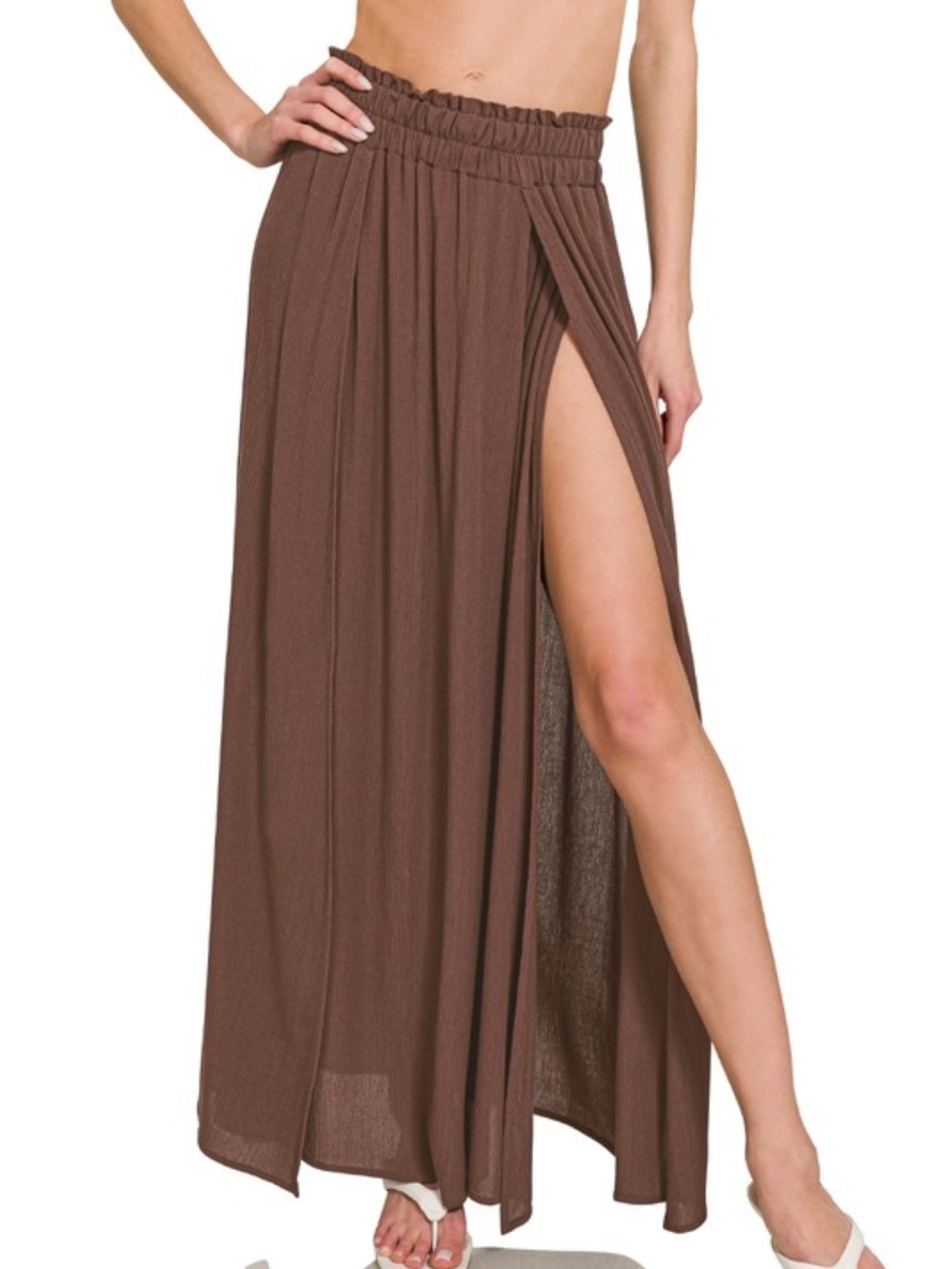 Zenana Woven Crinkle Gauze High Slit Maxi Skirt, Brown - Picture 3 of 5